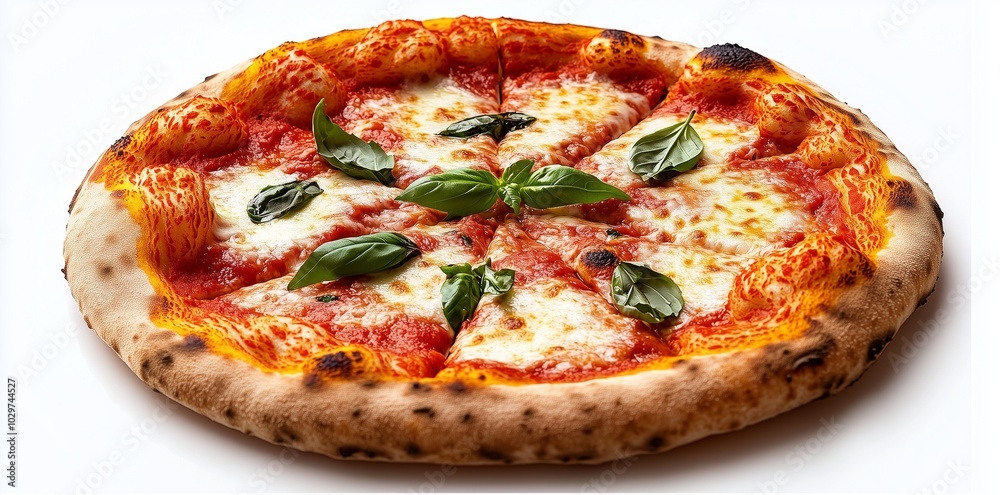 Homemade Margherita pizza topped with fresh mozzarella, basil, and rich tomato sauce, beautifully presented on a white background for food photography. Homemade Margherita pizza topped with fresh mozzarella, basil, and rich tomato sauce, beautifully presented on a white background for food photography.