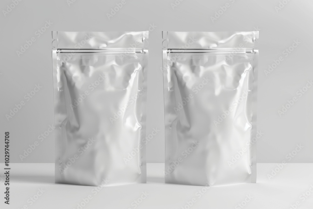 Two White Stand Up Pouches with Zipper on a White Background. Two White Stand Up Pouches with Zipper on a White Background.