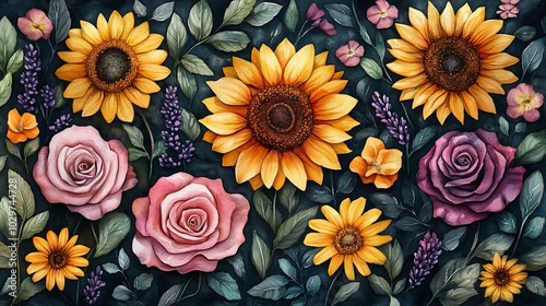 A dark background features a floral design of sunflowers, roses, and lavender.