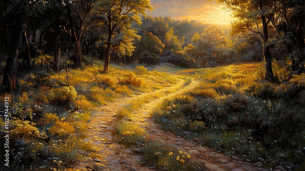 Obraz premium Golden Hour Path Through a Forest Landscape