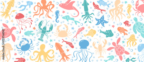 Background with underwater animals and plants like octopus, jellyfish, and sea turtle in marine life scene. Vibrant colors graphic design with sea creatures and aquatic reef in ocean water.