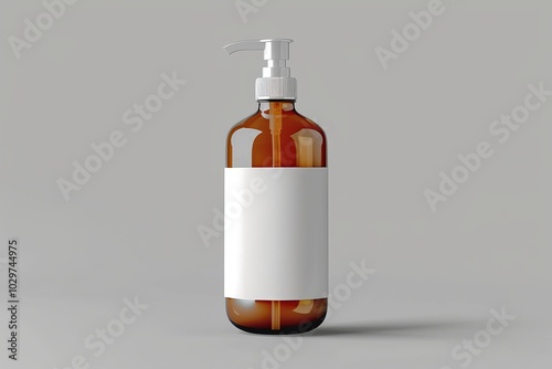 Amber glass bottle with pump dispenser and blank white label, isolated on gray background.