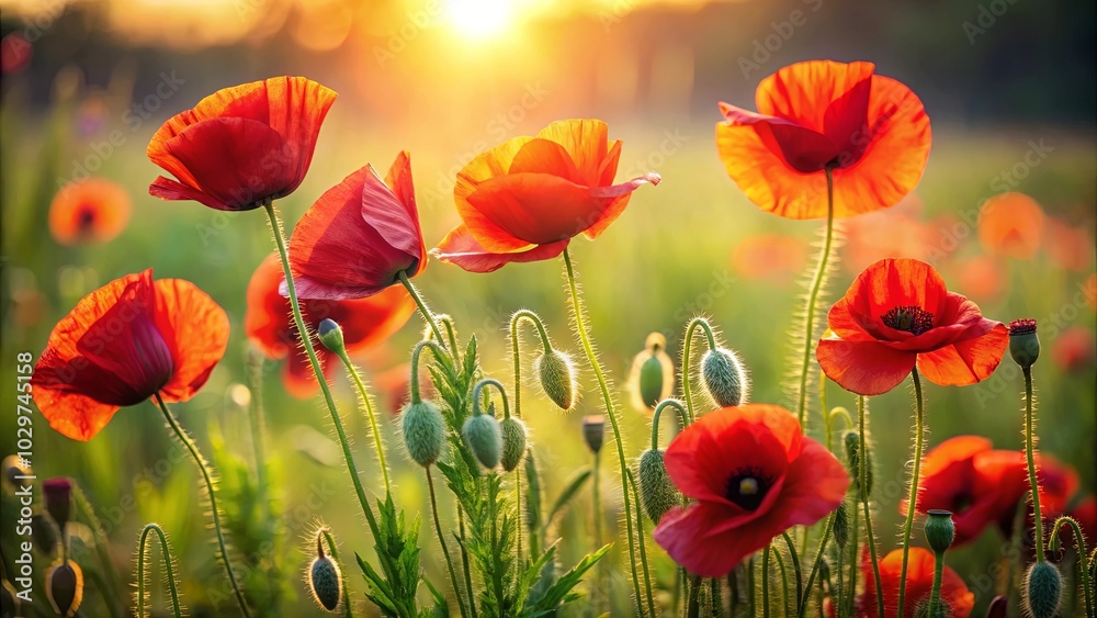 Fototapeta premium A vibrant field of poppy blossoms illuminated by the golden hour sun, creating a captivating spectacle of natural beauty.