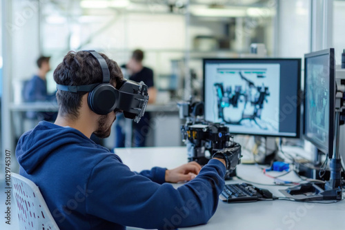 Man immersed in virtual reality with headset sitting at a desk, hand gestures indicating surprise and excitement, futuristic office setting with digital displays.