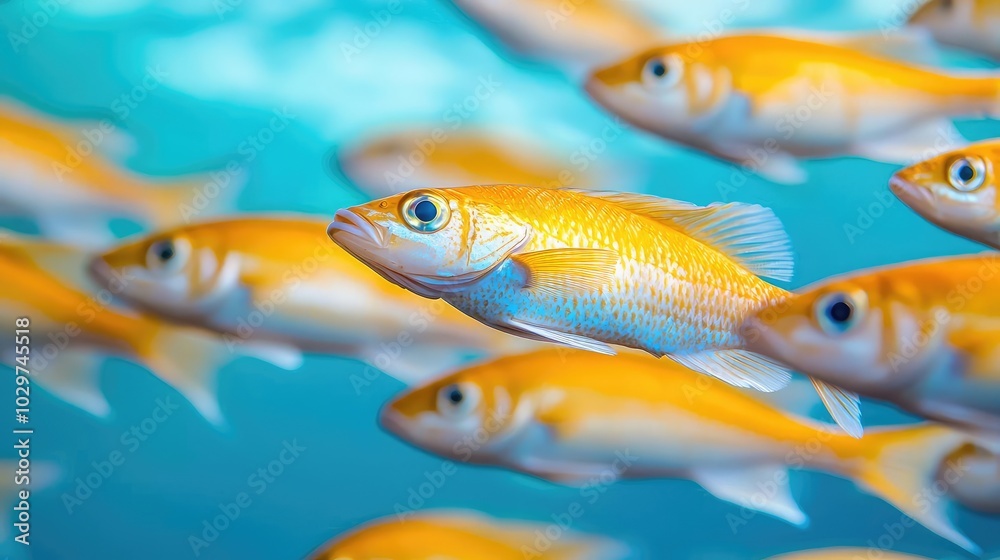 Naklejka premium A group of vibrant yellow fish swimming in clear blue water.