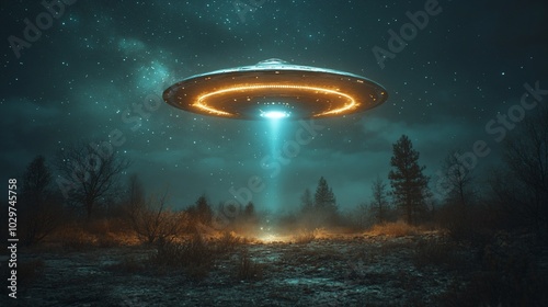 A UFO hovers over a forest at night, casting a beam of light on the ground.