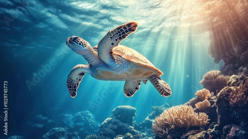 A sea turtle swims gracefully through a vibrant coral reef, bathed in sunlight.