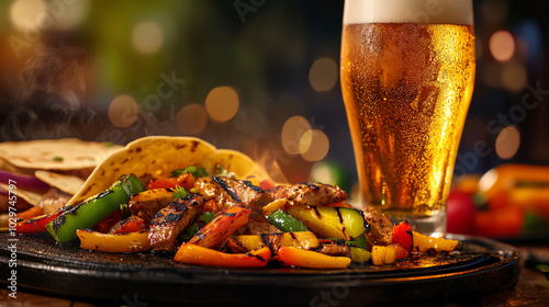 Wallpaper Mural Sizzling fajitas with beer, vibrant background Torontodigital.ca