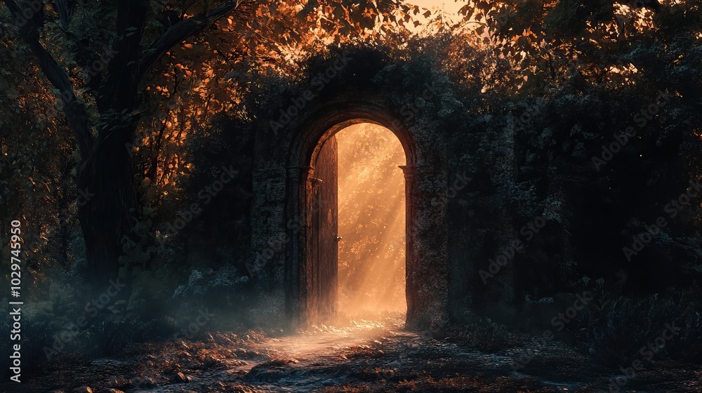 Mystical Stone Archway Leading to a Golden Light Mystical Stone Archway Leading to a Golden Light