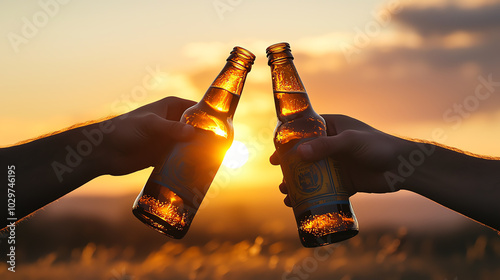 Cheers with beer bottles at sunset.