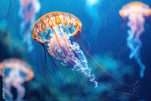 Transparent jelly fish swimming in the blue sea photo