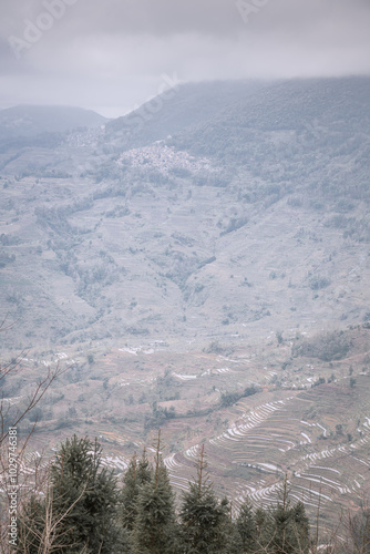 Vertical image of the village above the rice terraces in Laohuzui area, China photo