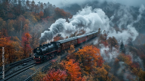 Steam Train Chugging Through Autumn Forest