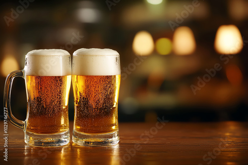 Two glasses of beer on a wooden table photo