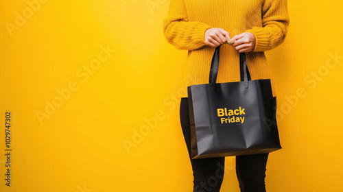 Consumidora segurando sacola de compras, perfeita para campanhas publicitárias e materiais de marketing para a Black Friday