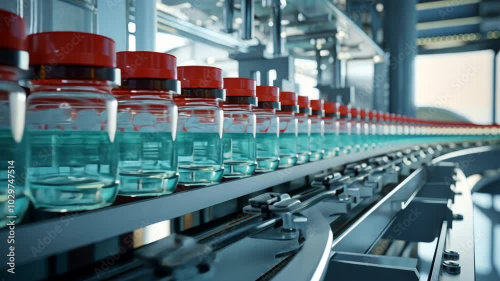 Automated Production Line: A row of clear bottles with red lids moves seamlessly along a conveyor belt in a modern factory setting. Automated Production Line: A row of clear bottles with red lids moves seamlessly along a conveyor belt in a modern factory setting.
