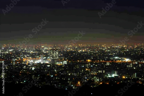 A panoramic view of a city skyline at night, with twinkling lights and a hazy sky.