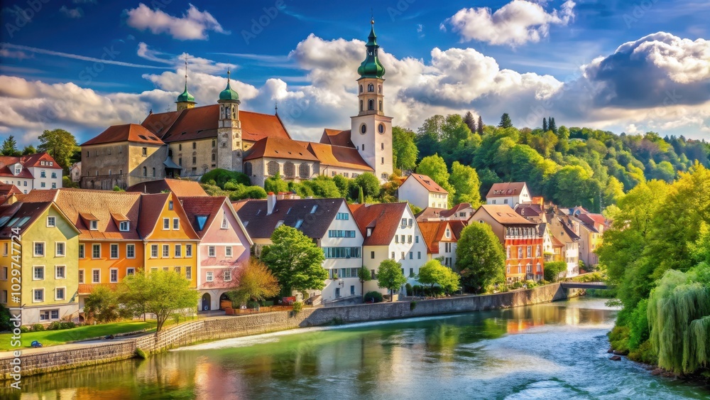 Fototapeta premium Idyllic spa town in Bavaria with historic architecture and scenic natural surroundings, Bad Kissingen, Bavaria