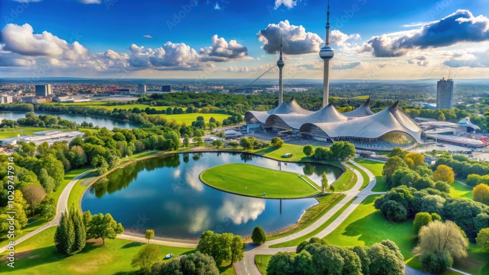 Naklejka premium Beautiful scenic view of Olympic Park in Munich, Germany , Olympic Park, Munich, Bavaria, Germany, landscape, architecture