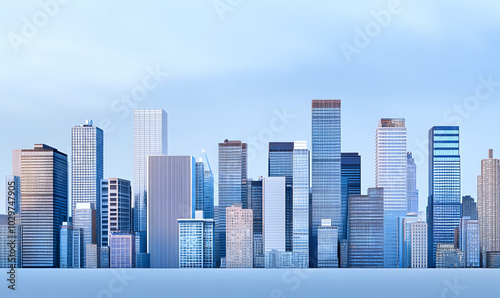 A panoramic view of a modern city skyline with tall skyscrapers and clear blue skies.