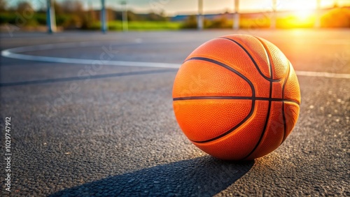 Orange basketball laying on an asphalt basketball street court , sports, outdoor, recreation, urban, competition, dribbling, ball