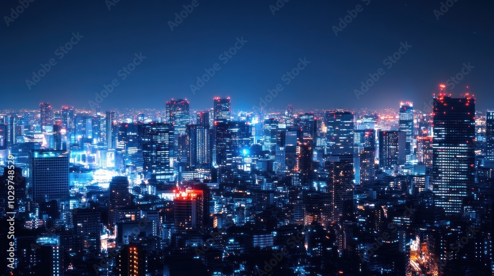 A panoramic view of a city skyline at night with skyscrapers illuminated by bright lights. A panoramic view of a city skyline at night with skyscrapers illuminated by bright lights.