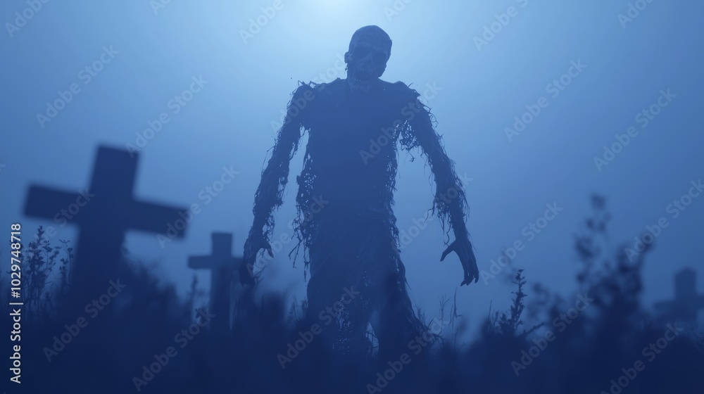 Fototapeta premium Eerie 3D Render of a Decayed Zombie Rising from Graveyard at Dusk | Ultra-Detailed Haunting Halloween Illustration