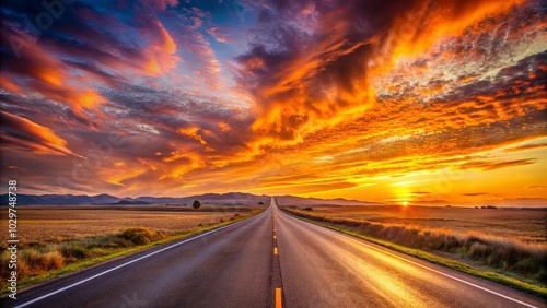 A solitary asphalt path stretches towards the horizon, where fiery clouds ignite the sky during a vibrant sunset.