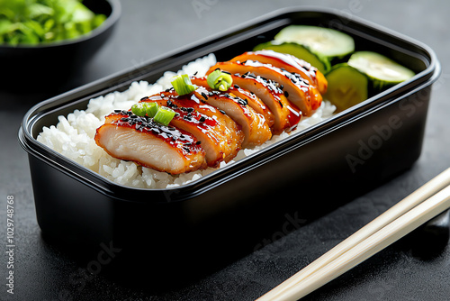 Grilled chicken over rice with vegetables. photo