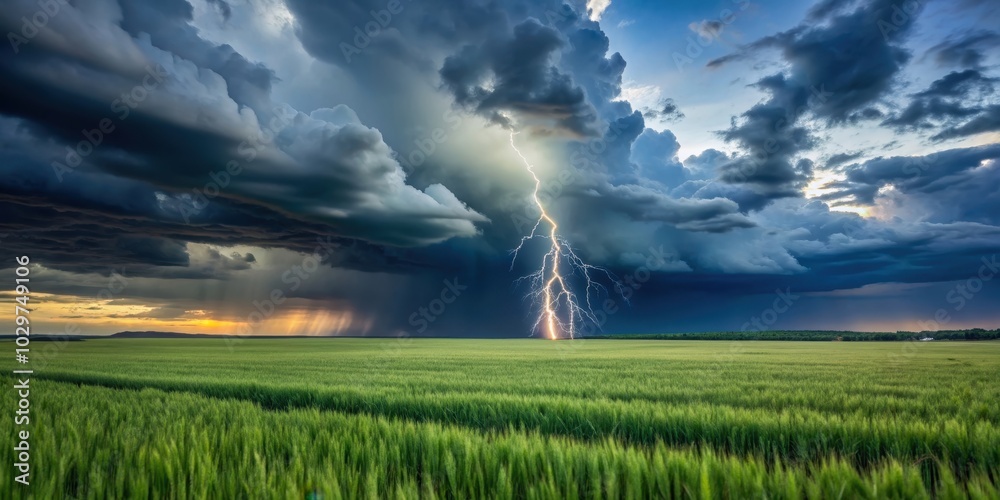Dark sky and rain falling on green wheat field with lightning bolt in the distance, storm, weather, atmospheric Dark sky and rain falling on green wheat field with lightning bolt in the distance, storm, weather, atmospheric