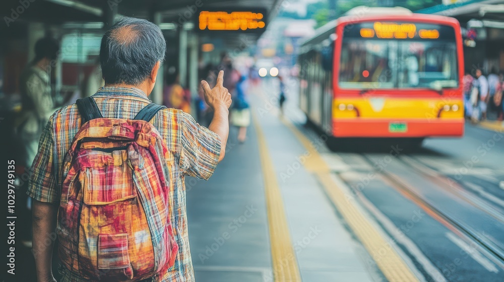 Obraz premium Final Journey: Elderly man with a backpack standing on a city street, signaling a bus with a solemn expression, travel concept