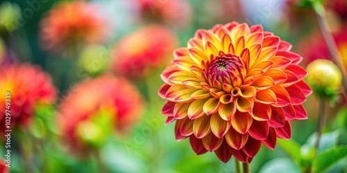 Vibrant red and yellow dahlia flower on display, Dahlia, red, yellow, vibrant, flower, petals, spring, nature, botanical