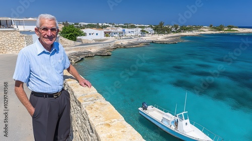 Coastal Serenity: A Relaxed Senior Gentleman Overlooking a Picturesque Turquoise Bay