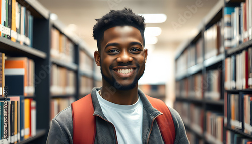 Portrait of happy black student in library looking at camera isolated with white highlights, png