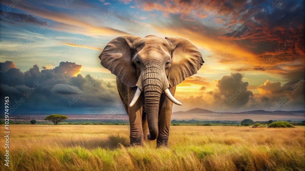 Fototapeta premium Majestic elephant in natural habitat, wildlife, animal, mammal, tusks, safari, trunk, African, Indian, large