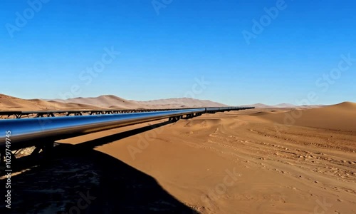 Oil Pipeline Stretching through the Desert under a Clear Blue Sky photo