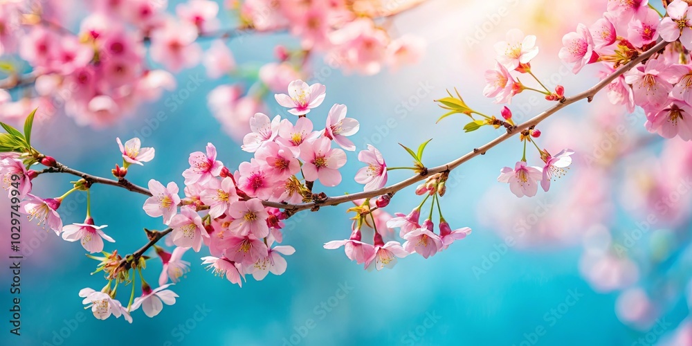 A delicate branch laden with soft pink blossoms against a backdrop of vibrant blue sky, symbolizing the fleeting beauty of spring. A delicate branch laden with soft pink blossoms against a backdrop of vibrant blue sky, symbolizing the fleeting beauty of spring.