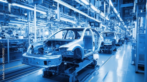 Assembly Line Precision: Sleek car bodies glide along a modern automotive assembly line, bathed in cool blue light, showcasing the precision and efficiency of industrial manufacturing.