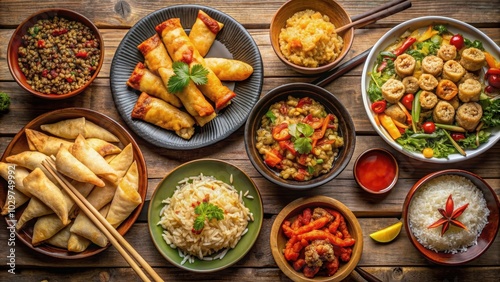 Assorted Chinese food on a table with dishes such as dumplings, stir fry, fried rice, and spring rolls, Chinese, food