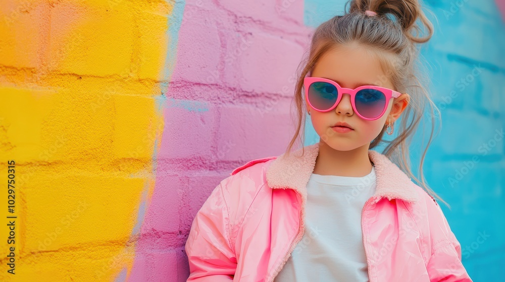 Stylish child posing against colorful brick wall, wearing sunglasses and a trendy jacket, showcasing modern urban aesthetics.