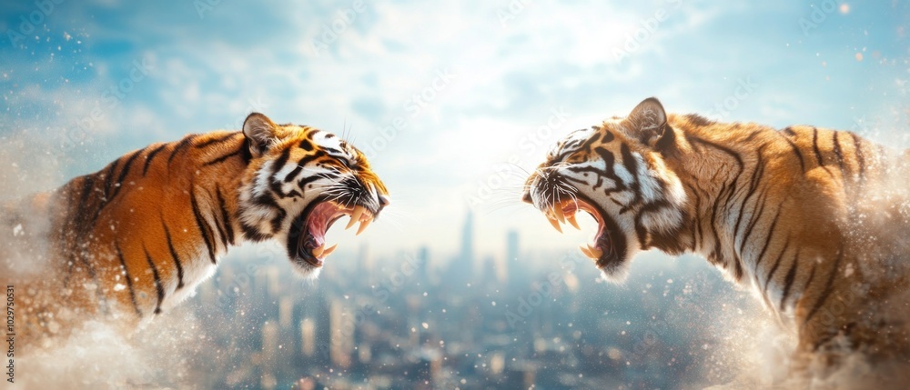 Obraz premium Epic tiger confrontation in the city.