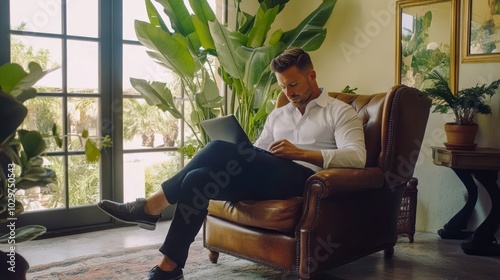 Relaxed Productivity: A man in a white shirt and dark pants works on his laptop from a leather armchair in a sun-drenched, stylish home office with lush greenery in the background.