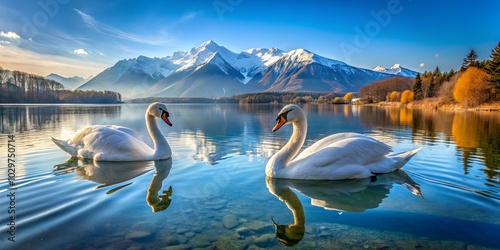 Two Swans Gracefully Navigate the Tranquil Waters of a Serene Mountain Lake, Their White Feathers Gleaming Against the Vibrant Blue Sky and Snowy Peaks photo