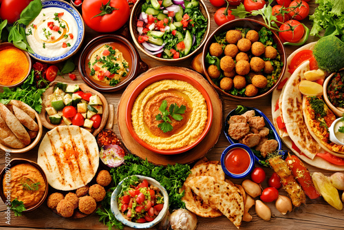 A spread of Middle Eastern food, including hummus, falafel, pita bread, grilled meats, and fresh vegetables. photo