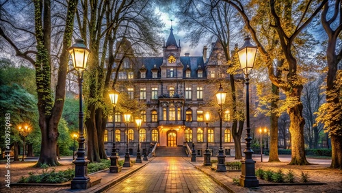 A grand manor bathed in warm light, casting long shadows on the cobblestone path through a tranquil park, its facade illuminated by the glow of gas lamps and the last rays of twilight.