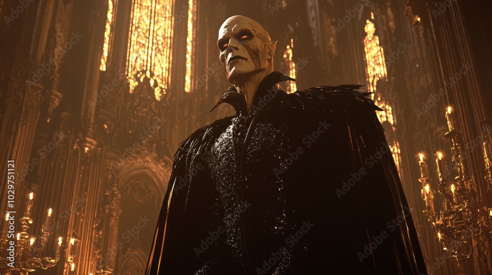 Naklejka premium Gothic Vampire Lord Portrait in Shadowy Castle - Ultra-Detailed 3D Render Illustration