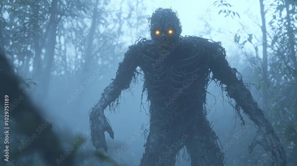 Horror in the Mist - Spooky 3D Render of Terrifying Zombie Emerging from Dark Forest, Ultra-Detailed Illustration of Suspense and Fear Horror in the Mist - Spooky 3D Render of Terrifying Zombie Emerging from Dark Forest, Ultra-Detailed Illustration of Suspense and Fear