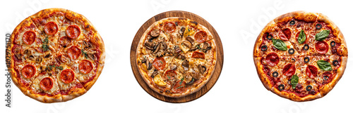 Set of three whole Italian pepperoni pizzas, isolated on transparent background