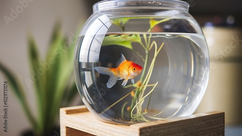 A Single Goldfish in a Round Glass Bowl with Green Plants photo