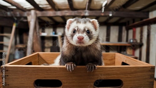 Curious Ferret Peeking Over the Edge of a Wooden Crate